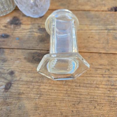 Collection of glassware - MCM Forester Marigold carnival glass decanter - Coplin style glass staining jar - assortment of other jars and...