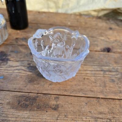Collection of glassware - MCM Forester Marigold carnival glass decanter - Coplin style glass staining jar - assortment of other jars and...