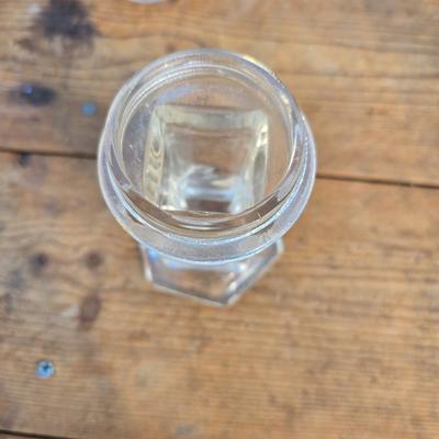 Collection of glassware - MCM Forester Marigold carnival glass decanter - Coplin style glass staining jar - assortment of other jars and...