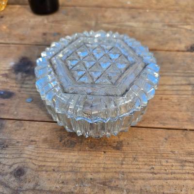 Collection of glassware - MCM Forester Marigold carnival glass decanter - Coplin style glass staining jar - assortment of other jars and...