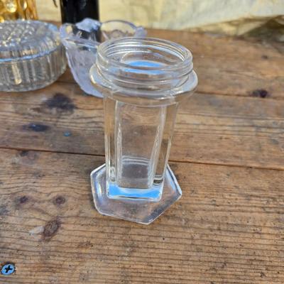 Collection of glassware - MCM Forester Marigold carnival glass decanter - Coplin style glass staining jar - assortment of other jars and...