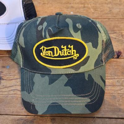 Three Von Dutch brand hats - Camouflage - White and Black - and Black - Black with red stitching - Trucker caps