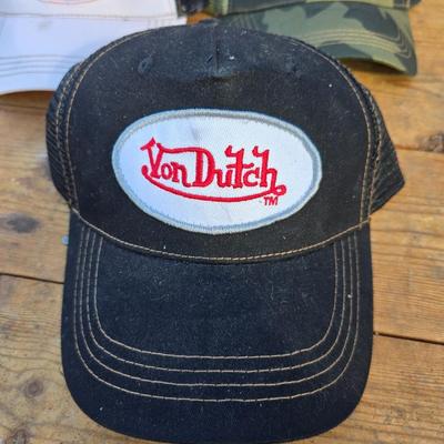 Three Von Dutch brand hats - Camouflage - White and Black - and Black - Black with red stitching - Trucker caps