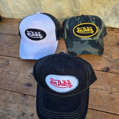 Three Von Dutch brand hats - Camouflage - White and Black - and Black - Black with red stitching - Trucker caps