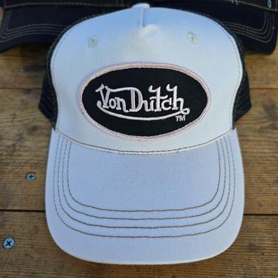 Three Von Dutch brand hats White and Black - and two Black with red stitching - Trucker caps