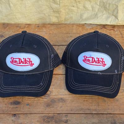 Three Von Dutch brand hats White and Black - and two Black with red stitching - Trucker caps
