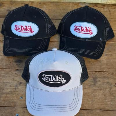 Three Von Dutch brand hats White and Black - and two Black with red stitching - Trucker caps