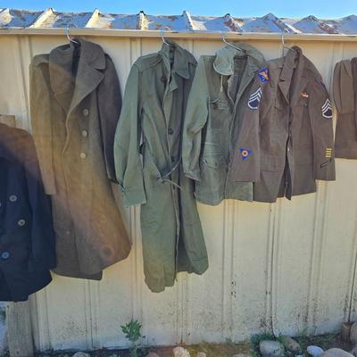 Large assortement of vintage Military clothing & coats - wool trench - hat - pants