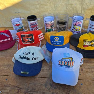 Vintage racing / car hats with several hot rod good guys mugs - race car - with Broncos and half a bubble off hats too