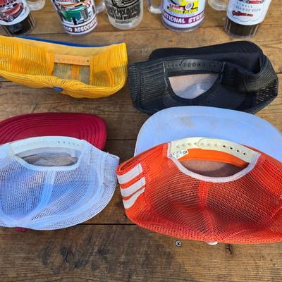 Vintage racing / car hats with several hot rod good guys mugs - race car - with Broncos and half a bubble off hats too
