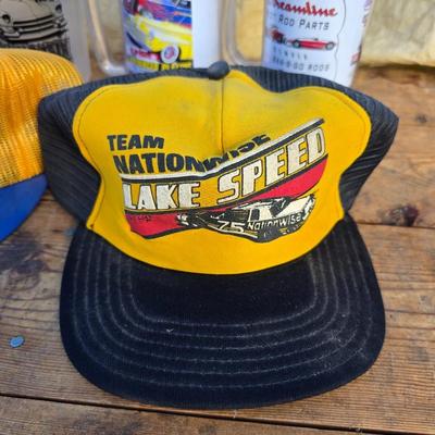Vintage racing / car hats with several hot rod good guys mugs - race car - with Broncos and half a bubble off hats too