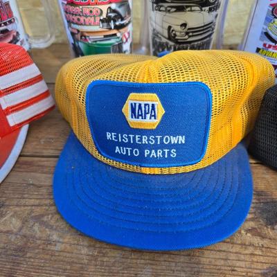 Vintage racing / car hats with several hot rod good guys mugs - race car - with Broncos and half a bubble off hats too