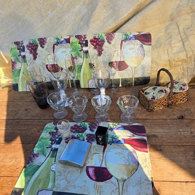 Assortment of barware - Jägermeister steel flask - glasses - placemats- shot glasses - coasters - Settle down and have a drink!