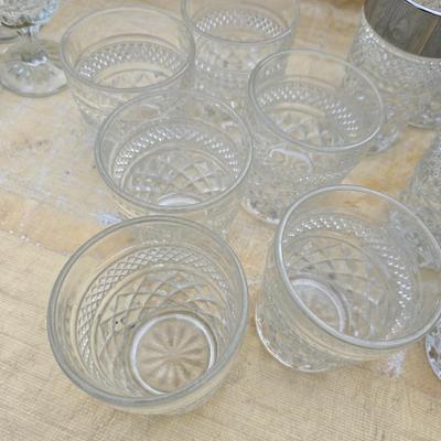 Vintage Anchor Hocking Wexford Platinum drinking glass set - with an assortment of other tumblers - stemware - water glasses