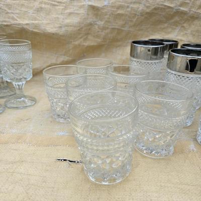 Vintage Anchor Hocking Wexford Platinum drinking glass set - with an assortment of other tumblers - stemware - water glasses