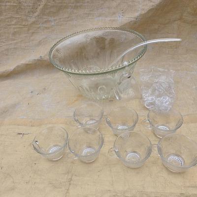 Vintage Indiana glass punchbowl with glass cups and cup hooks