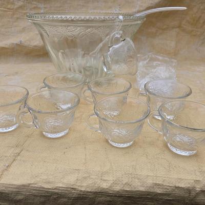 Vintage Indiana glass punchbowl with glass cups and cup hooks