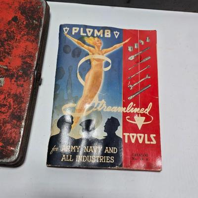 Vintage Plomb tools catalog with military jeep cologn bottle and two vintage snap on metal organizing boxes -