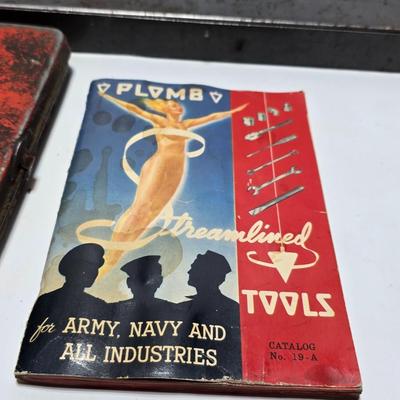Vintage Plomb tools catalog with military jeep cologn bottle and two vintage snap on metal organizing boxes -