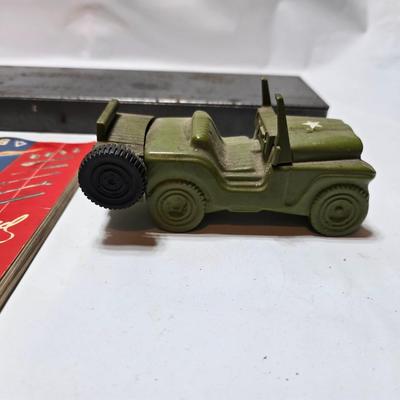 Vintage Plomb tools catalog with military jeep cologn bottle and two vintage snap on metal organizing boxes -