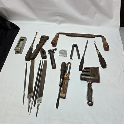 Antique farm tools - drawbar - Monkey wrench - screwdrivers - Rasp - Hershel chain break detacher - and more