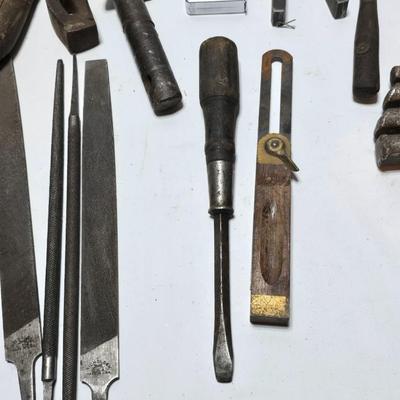 Antique farm tools - drawbar - Monkey wrench - screwdrivers - Rasp - Hershel chain break detacher - and more