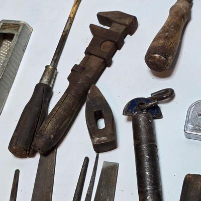 Antique farm tools - drawbar - Monkey wrench - screwdrivers - Rasp - Hershel chain break detacher - and more