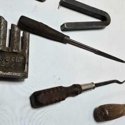 Antique farm tools - drawbar - Monkey wrench - screwdrivers - Rasp - Hershel chain break detacher - and more