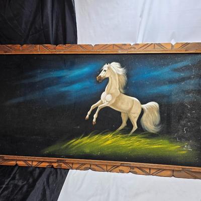 Vintage black velvet white horse painting