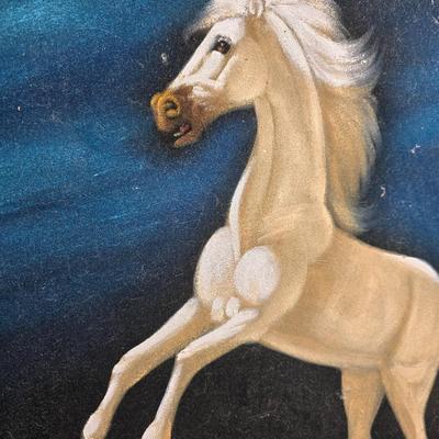 Vintage black velvet white horse painting