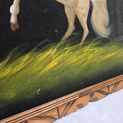 Vintage black velvet white horse painting