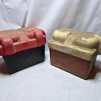 Two lidded fiberglass Battery boxes - Sports master & Willard Battery Company