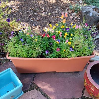 LARGE PLANTER BOX ON WHEELS AND 2 CLAY POTS