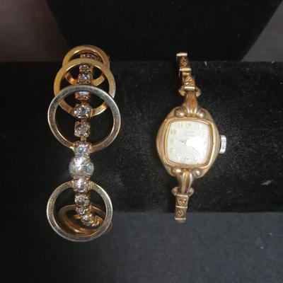Vintage large ling necklace - bracelet with rhinestones and a vintage ladies watch