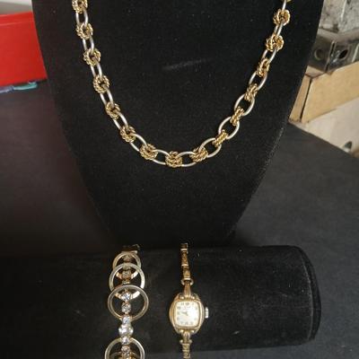 Vintage large ling necklace - bracelet with rhinestones and a vintage ladies watch