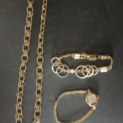 Vintage large ling necklace - bracelet with rhinestones and a vintage ladies watch