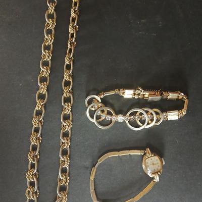 Vintage large ling necklace - bracelet with rhinestones and a vintage ladies watch