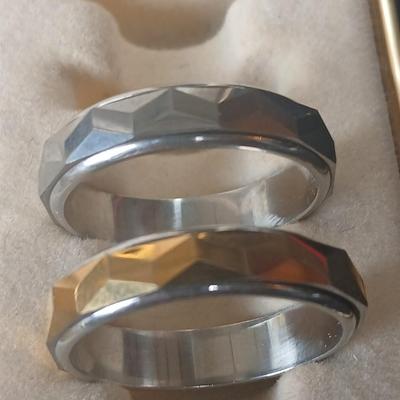 Two men's fidget rings - Leather tooled wallet - watch - and a bow tie