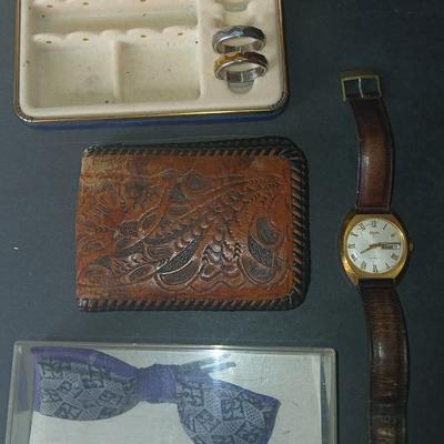 Two men's fidget rings - Leather tooled wallet - watch - and a bow tie