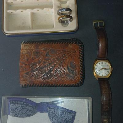 Two men's fidget rings - Leather tooled wallet - watch - and a bow tie