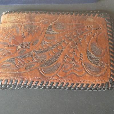 Two men's fidget rings - Leather tooled wallet - watch - and a bow tie