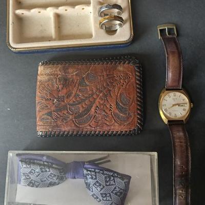Two men's fidget rings - Leather tooled wallet - watch - and a bow tie