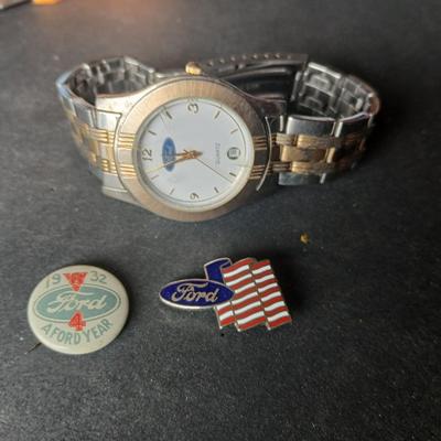 For the love of Ford - Ford logo quartz Wristwatch - 1938 V8 Ford 4 a Ford year pin = Ford and American flag hat pin