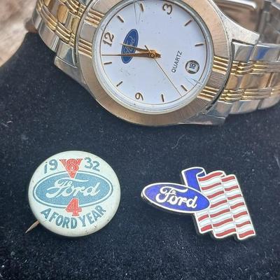 For the love of Ford - Ford logo quartz Wristwatch - 1938 V8 Ford 4 a Ford year pin = Ford and American flag hat pin
