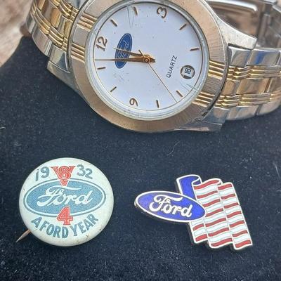 For the love of Ford - Ford logo quartz Wristwatch - 1938 V8 Ford 4 a Ford year pin = Ford and American flag hat pin
