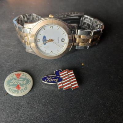 For the love of Ford - Ford logo quartz Wristwatch - 1938 V8 Ford 4 a Ford year pin = Ford and American flag hat pin