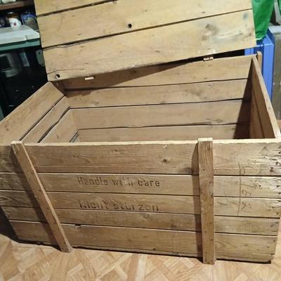 Large wood shipping crate with lid - storage trunk -