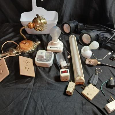Home hardware - mostly lighting and electrical items including 2 LED stake spot lights.
