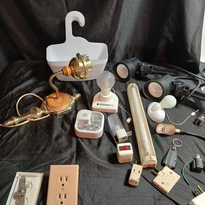 Home hardware - mostly lighting and electrical items including 2 LED stake spot lights.