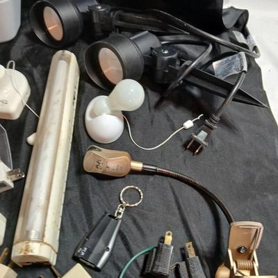 Home hardware - mostly lighting and electrical items including 2 LED stake spot lights.